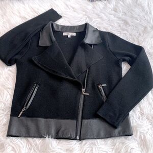 MY TRIBE wool blend Moto knit jacket leather trim full zip front zip pockets